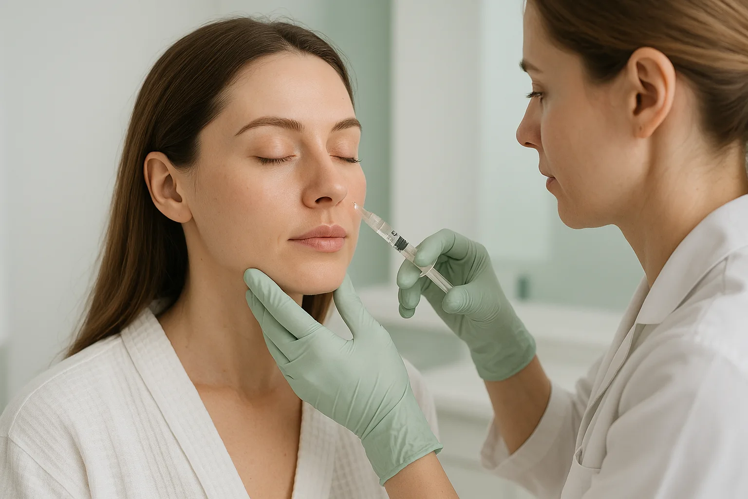 Dermal filler treatment being performed on midface area illustrating facial balancing technique at a medical spa