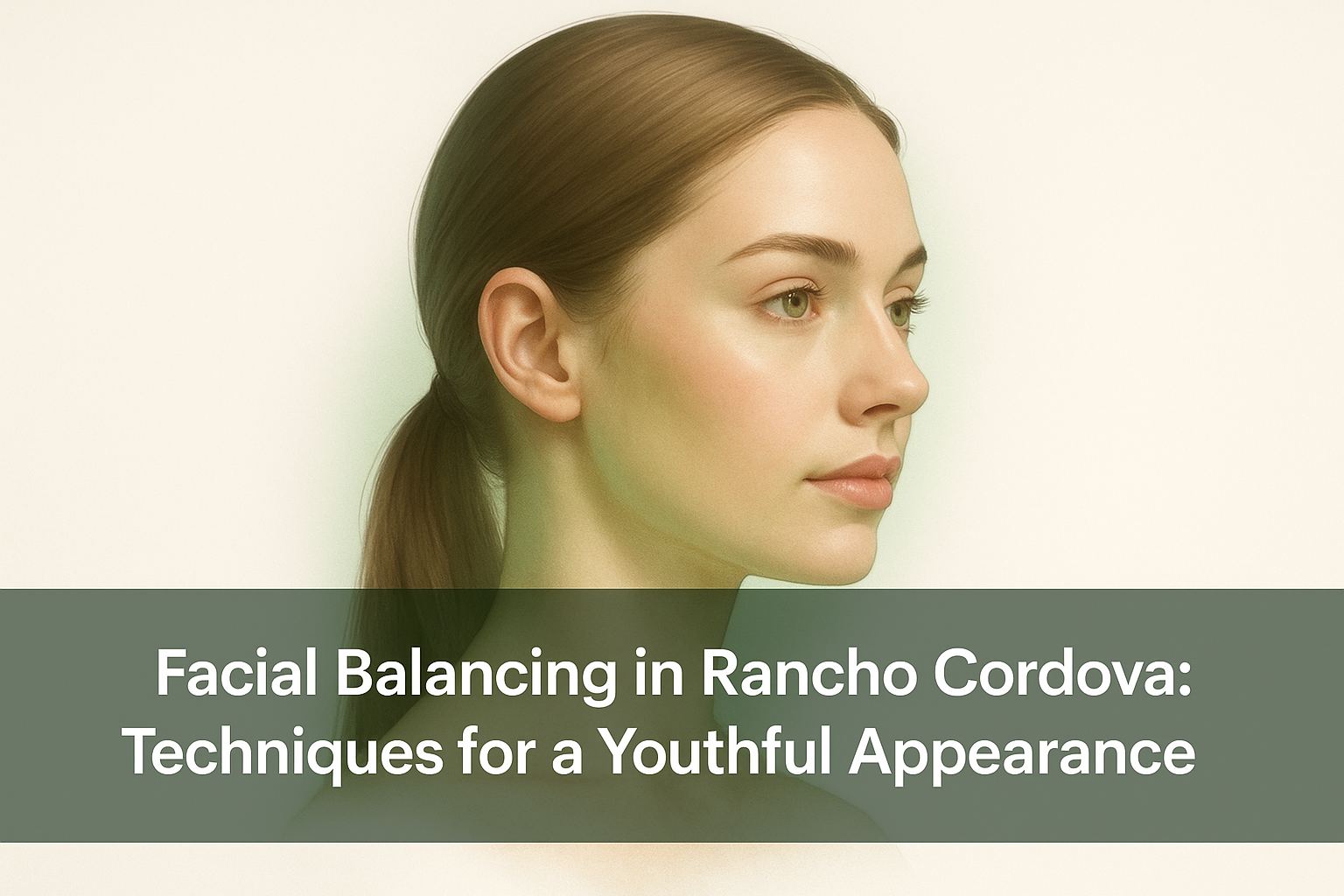 Professional blog thumbnail showing a realistic youthful balanced female face with natural facial harmony highlighted by soft green accent on a clean white background, with a transparent dark green overlay banner at bottom featuring blog title text