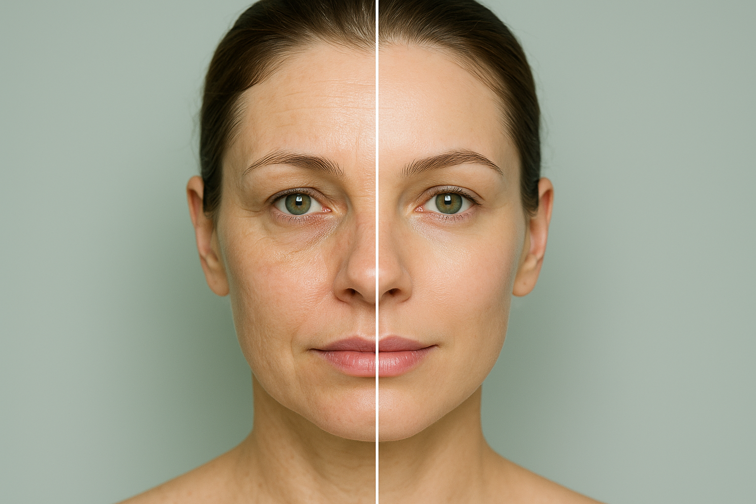 Before and after comparison of facial treatment showing dull skin with fine lines versus glowing, rejuvenated, and balanced facial appearance