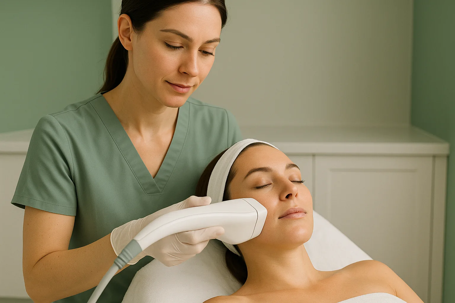 Medical esthetician applying Sofwave ultrasound device for skin tightening on woman's face in clinical spa setting