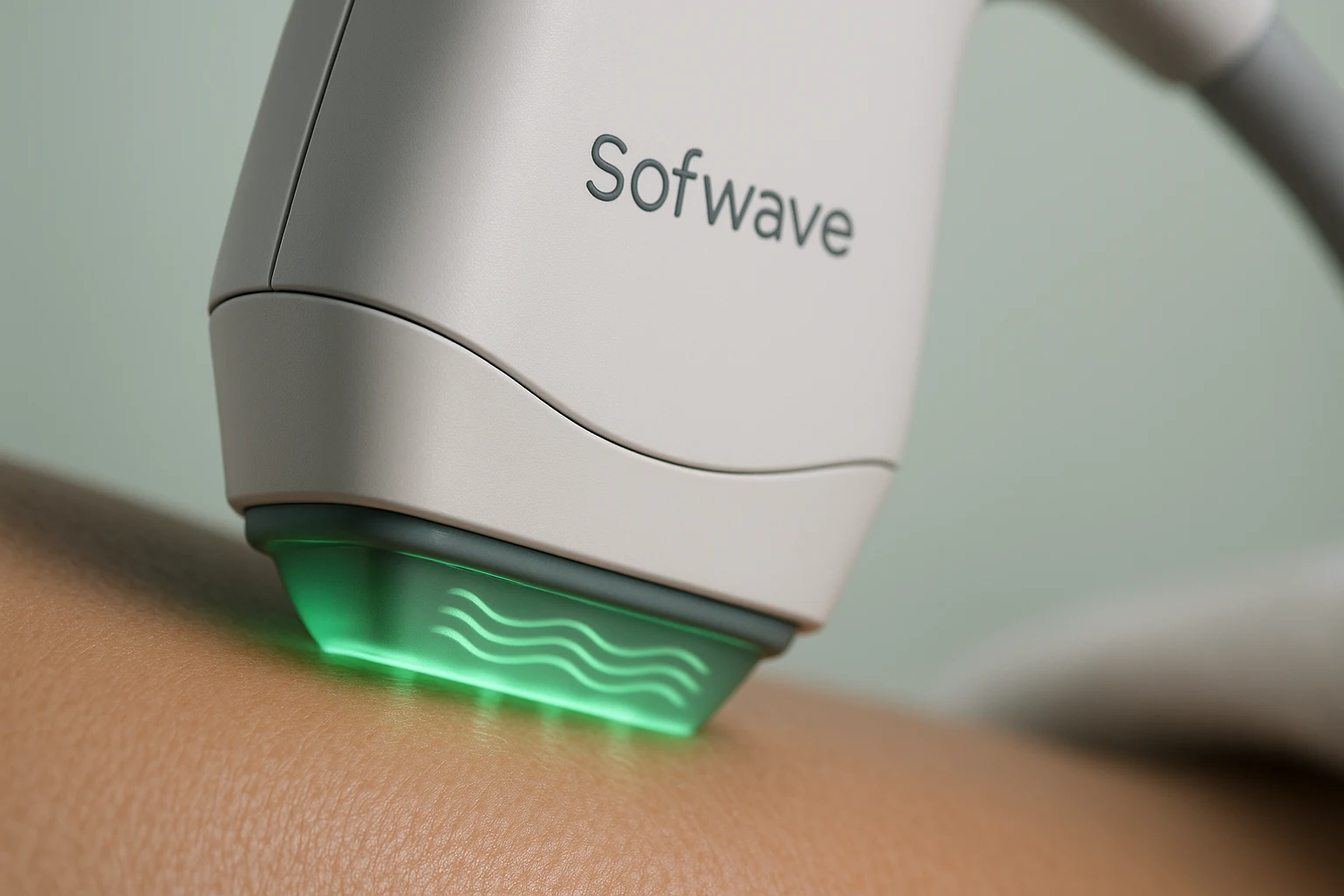 Close-up image of Sofwave ultrasound device handpiece glowing green during non-invasive skin treatment on mature facial skin, set against a soft gradient background.