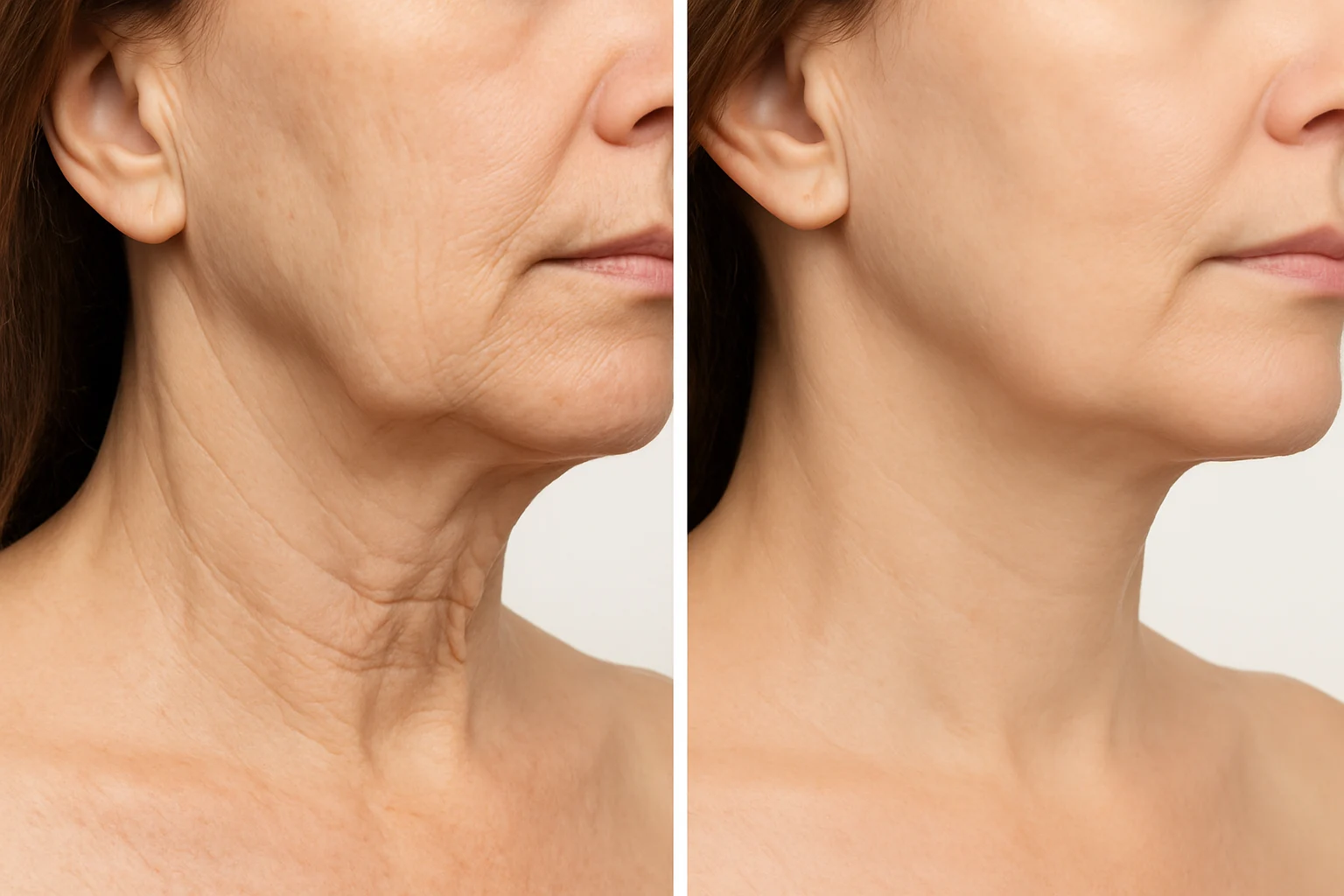 Close-up comparison of a woman's neck and jawline showing improved skin firmness and reduced crepey texture after Sofwave treatment, highlighting skin tightening results