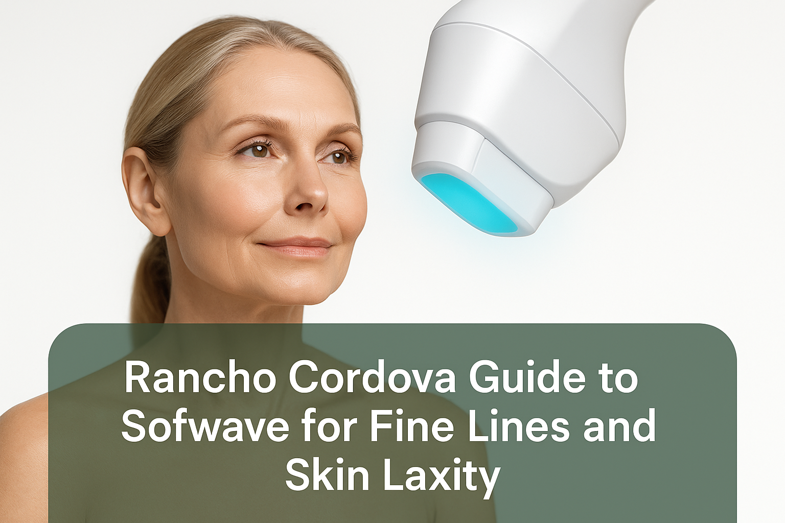 Professional thumbnail image showing a middle-aged woman with smooth and lifted skin alongside a glowing ultrasound device, with a green transparent banner containing the blog title text at the bottom, representing Sofwave skin treatment in Rancho Cordova.