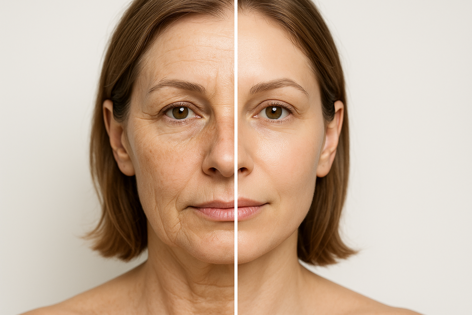 Before-and-after realistic photo comparison showing visible improvement in skin firmness and reduction of fine lines after Sofwave treatment.