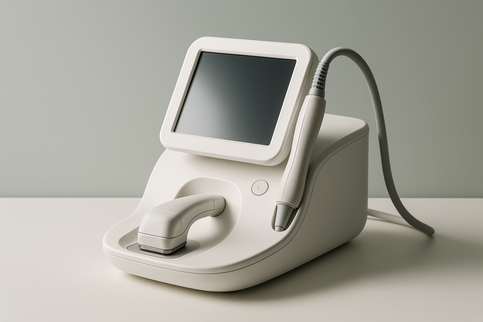 Close-up photo of a modern ultrasound device for Sofwave skin tightening treatment on a clean light gray background.