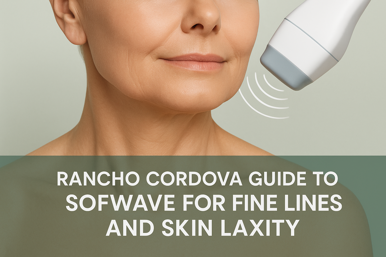 Close-up of a middle-aged woman's lower face showing smooth, lifted skin with subtle ultrasound wave graphics above, on a soft greenish background, featuring a transparent dark green text overlay at the bottom for the blog title about Sofwave skin treatment.