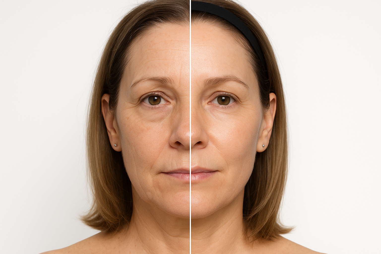 Side-by-side clinical before and after photo of a woman's face showing significant improvement in fine lines and skin firmness after Sofwave treatment.