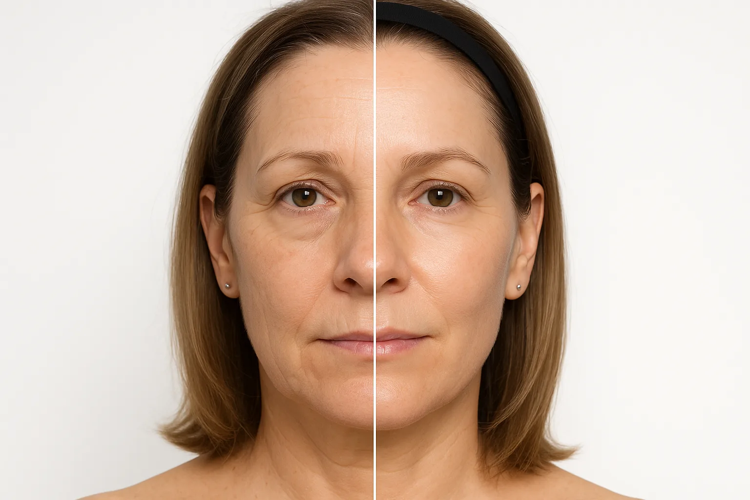 Side-by-side clinical before and after photo of a woman's face showing significant improvement in fine lines and skin firmness after Sofwave treatment.
