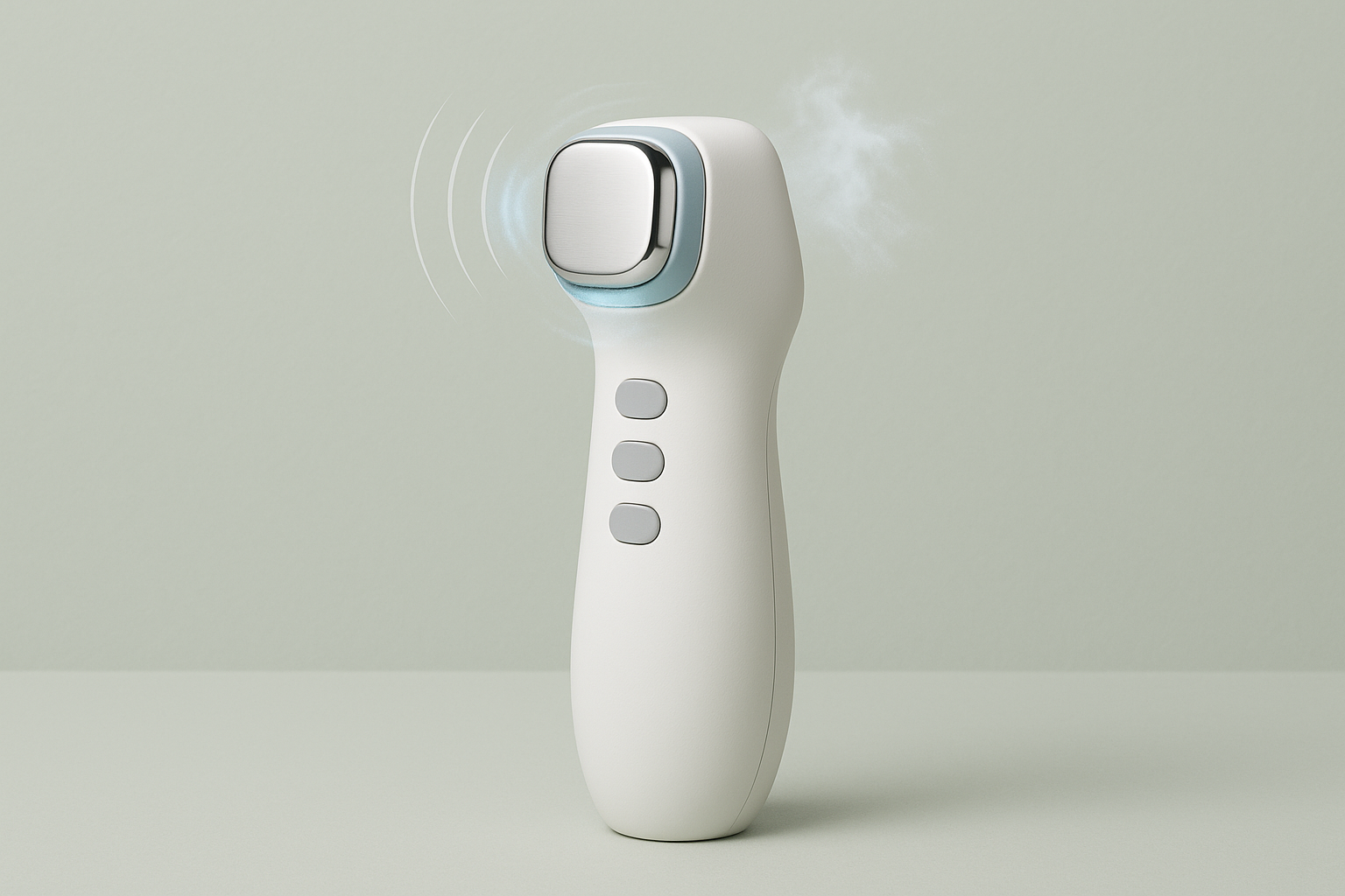 Close-up of a modern ultrasound skincare device with abstract ultrasound wave visuals symbolizing Sofwave treatment technology and integrated cooling system.