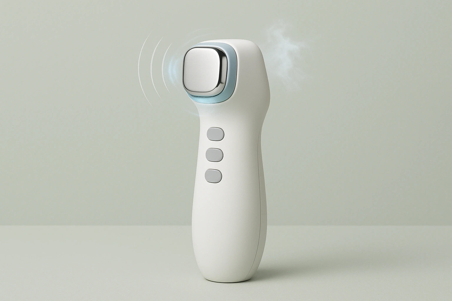 Close-up of a modern ultrasound skincare device with abstract ultrasound wave visuals symbolizing Sofwave treatment technology and integrated cooling system.