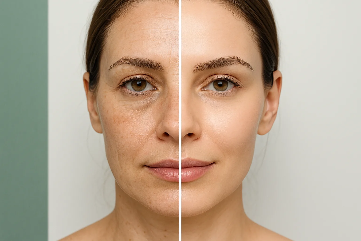 Split before-and-after image showing facial skin improvement from Sofwave treatment, with fine lines reduced and skin looking smoother and rejuvenated
