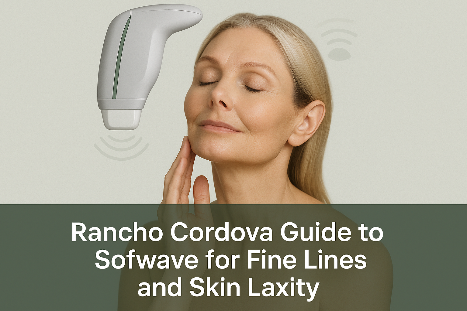 Professional blog thumbnail showing a serene middle-aged woman with smooth skin on jawline and neck, with overlay text about Sofwave skin treatment in Rancho Cordova