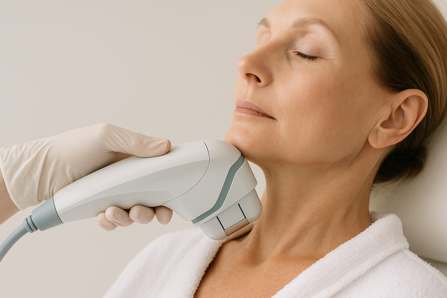 Ultrasound skin treatment device being used on a middle-aged woman's jawline and neck to tighten skin in a clinical environment