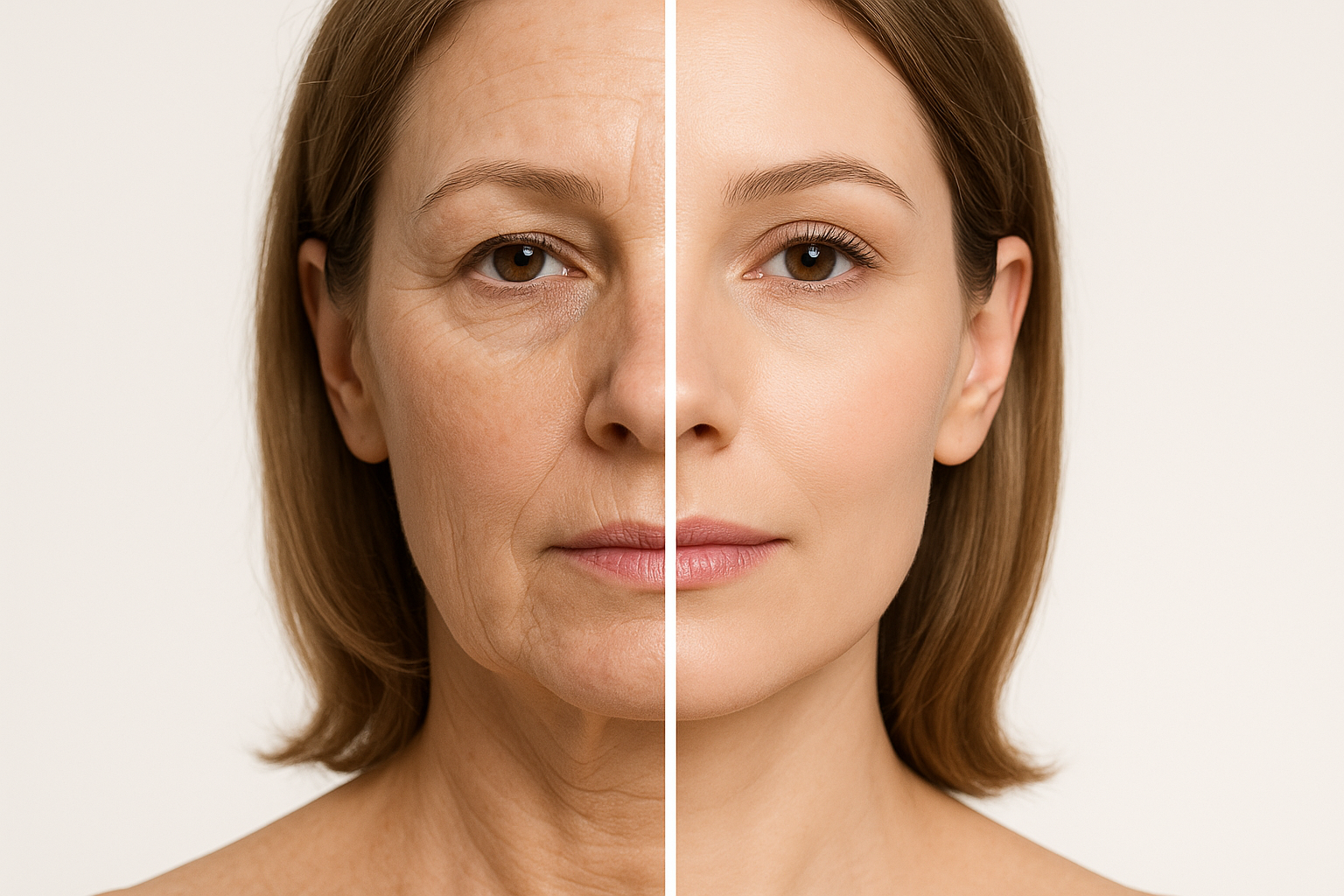 Before and after comparison of a middle-aged woman’s face showing skin improvement and reduction of fine lines after Sofwave treatment