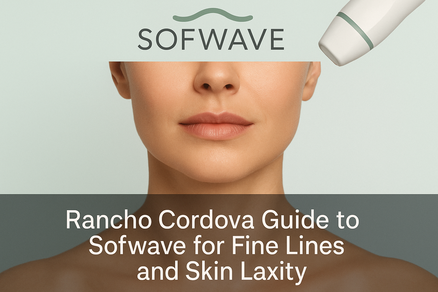 Professional facial aesthetic treatment featuring smooth skin and neck, with overlay text about Sofwave treatment for fine lines and skin laxity in Rancho Cordova