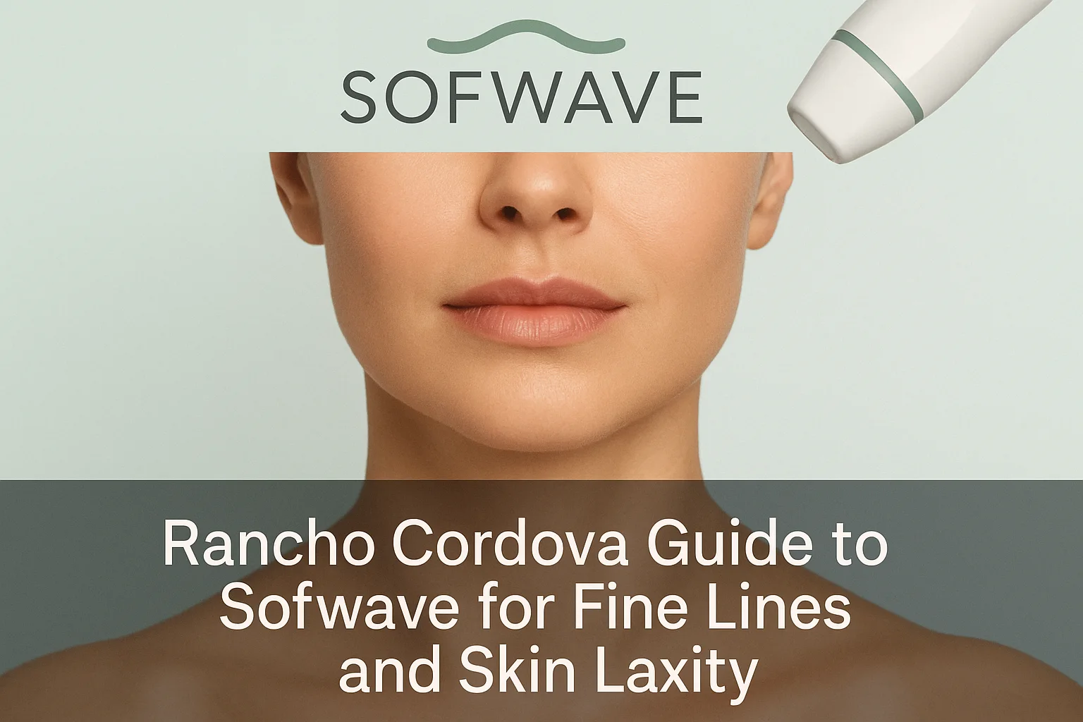Professional facial aesthetic treatment featuring smooth skin and neck, with overlay text about Sofwave treatment for fine lines and skin laxity in Rancho Cordova
