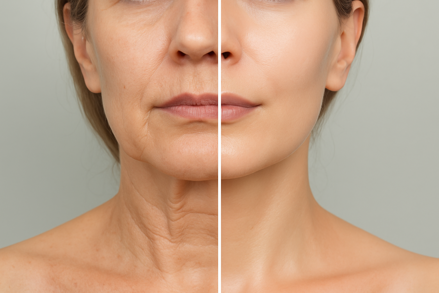 Before and after comparison of facial skin showing improvement in fine lines and skin firmness after treatment, clinical photo style