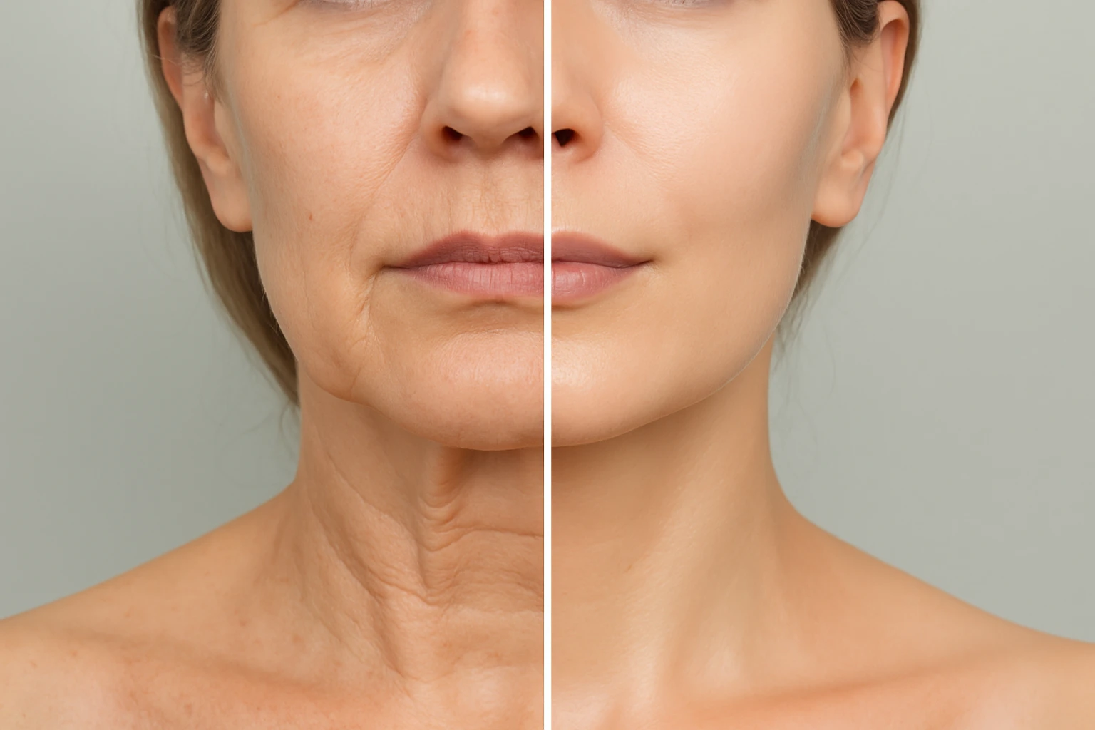 Before and after comparison of facial skin showing improvement in fine lines and skin firmness after treatment, clinical photo style