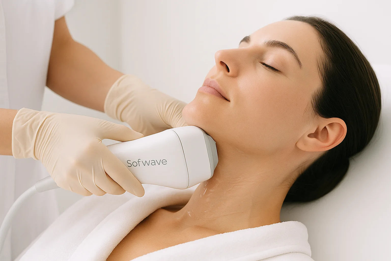Patient receiving Sofwave ultrasound skin tightening treatment on face and neck at professional medical spa in Rancho Cordova