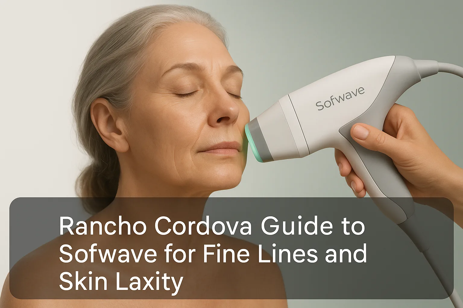 Professional blog thumbnail showing close-up of mature woman's face receiving Sofwave ultrasound skin treatment with transparent bottom overlay headline on light green and grey background, representing non-invasive facial rejuvenation in Rancho Cordova.