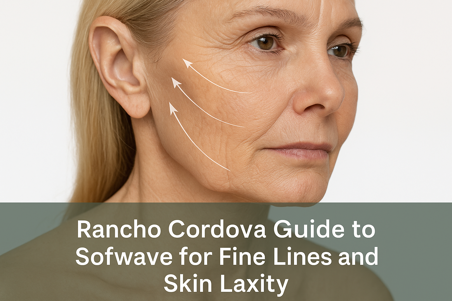 Close-up of a mature woman's face showing fine lines and skin laxity with soft natural lighting, overlaid with a transparent dark green banner containing the blog title in white text at the bottom, representing Sofwave skin treatment guide in Rancho Cordova