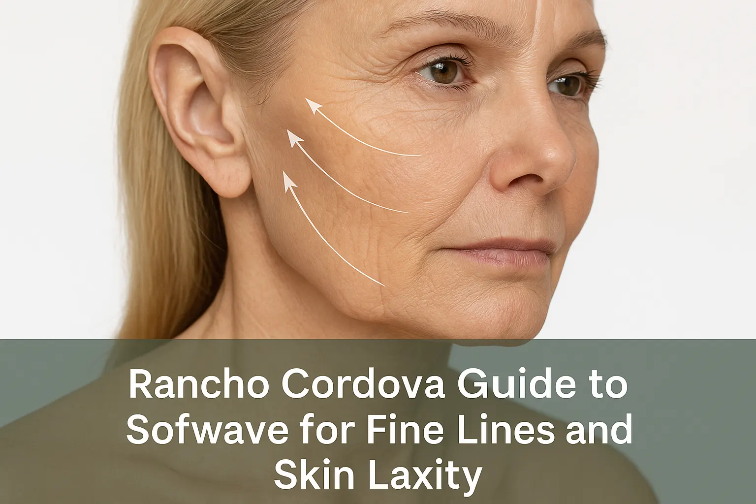 Close-up of a mature woman's face showing fine lines and skin laxity with soft natural lighting, overlaid with a transparent dark green banner containing the blog title in white text at the bottom, representing Sofwave skin treatment guide in Rancho Cordova