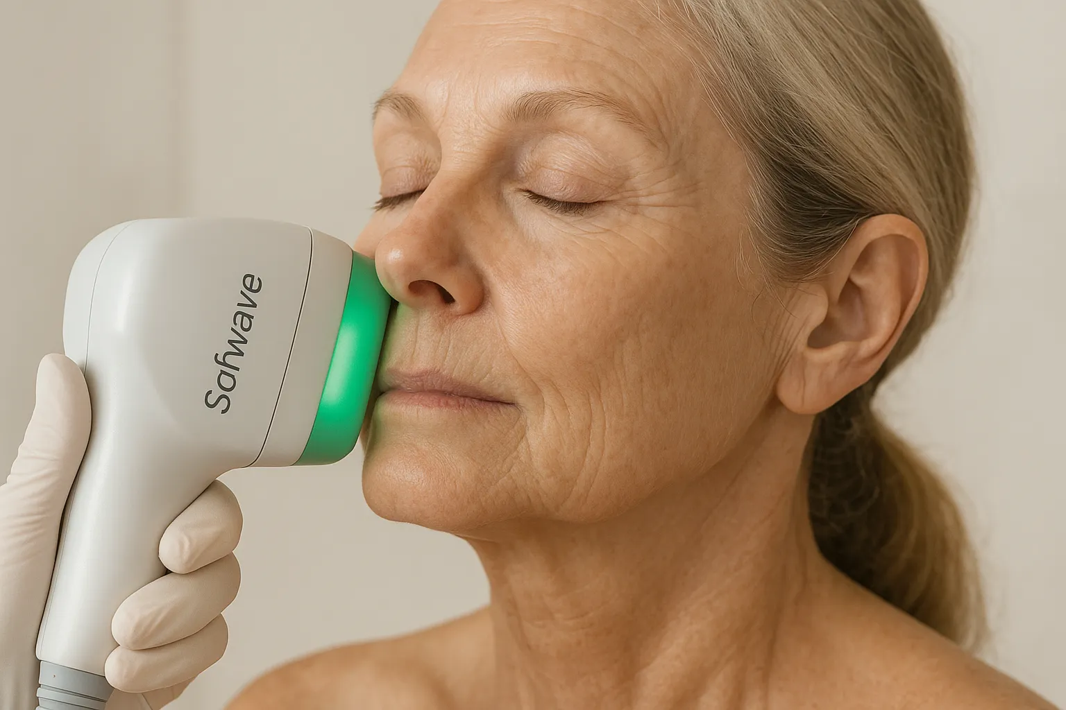 Close-up photo of a mature woman undergoing Sofwave ultrasound skin treatment on her cheek, highlighting the non-invasive device emitting green light and the skin's texture.