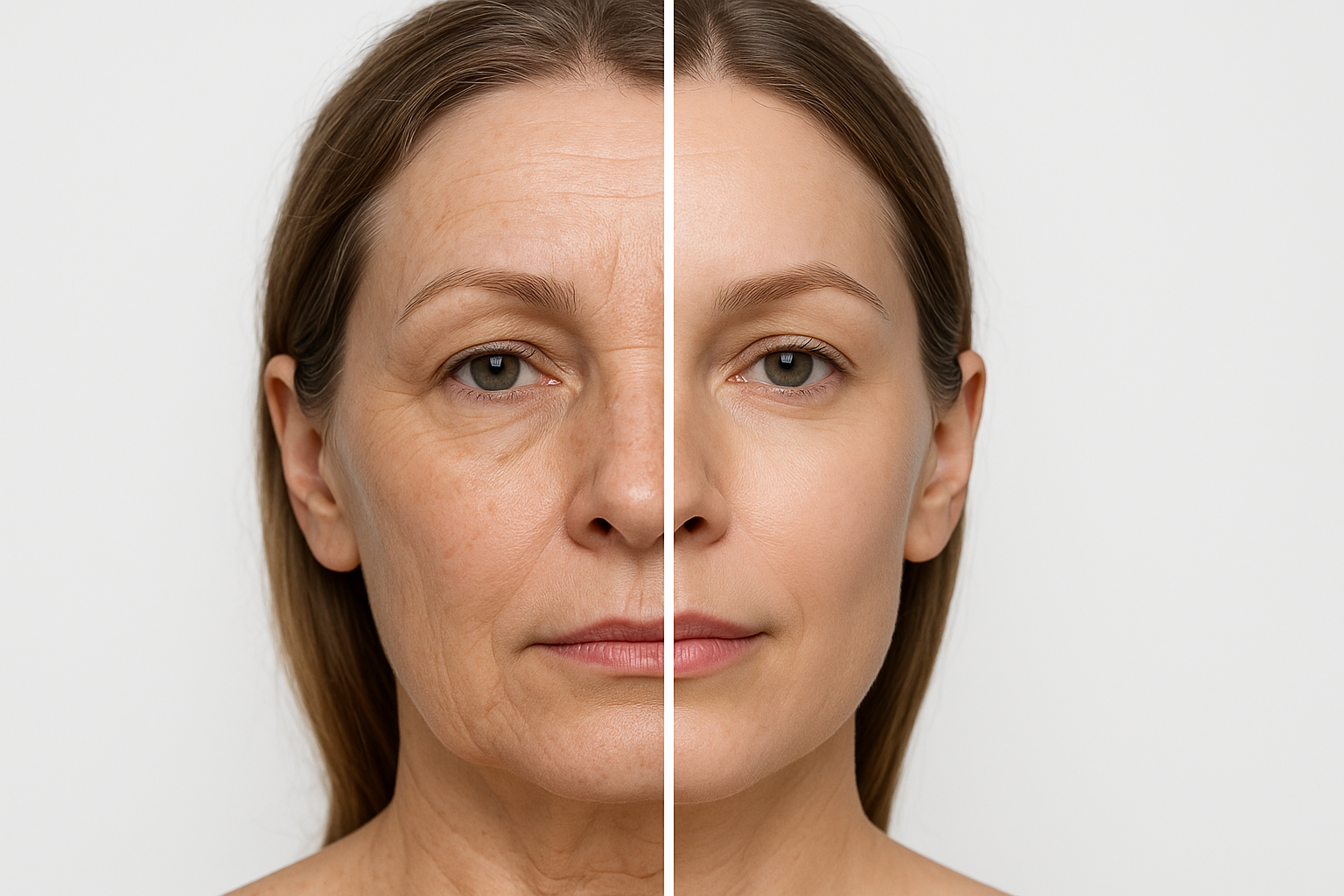 Before and after comparison of a middle-aged woman's face showing improvement from fine lines and skin laxity after Sofwave treatment with smoother, glowing skin on the right