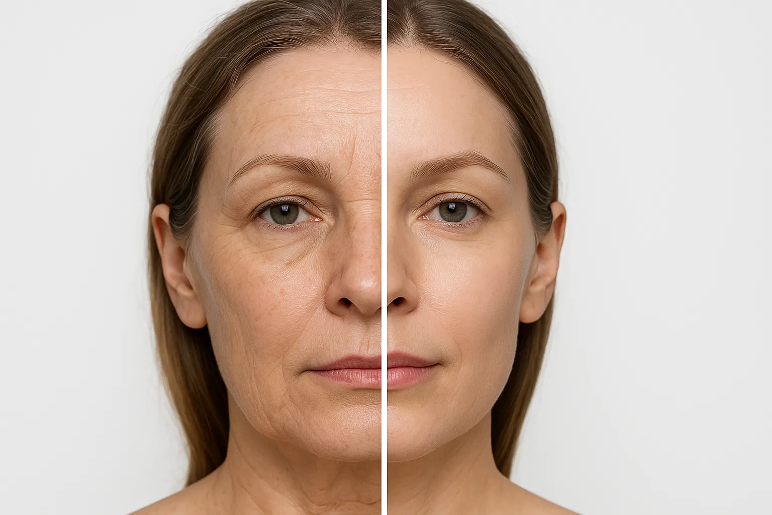 Before and after comparison of a middle-aged woman's face showing improvement from fine lines and skin laxity after Sofwave treatment with smoother, glowing skin on the right