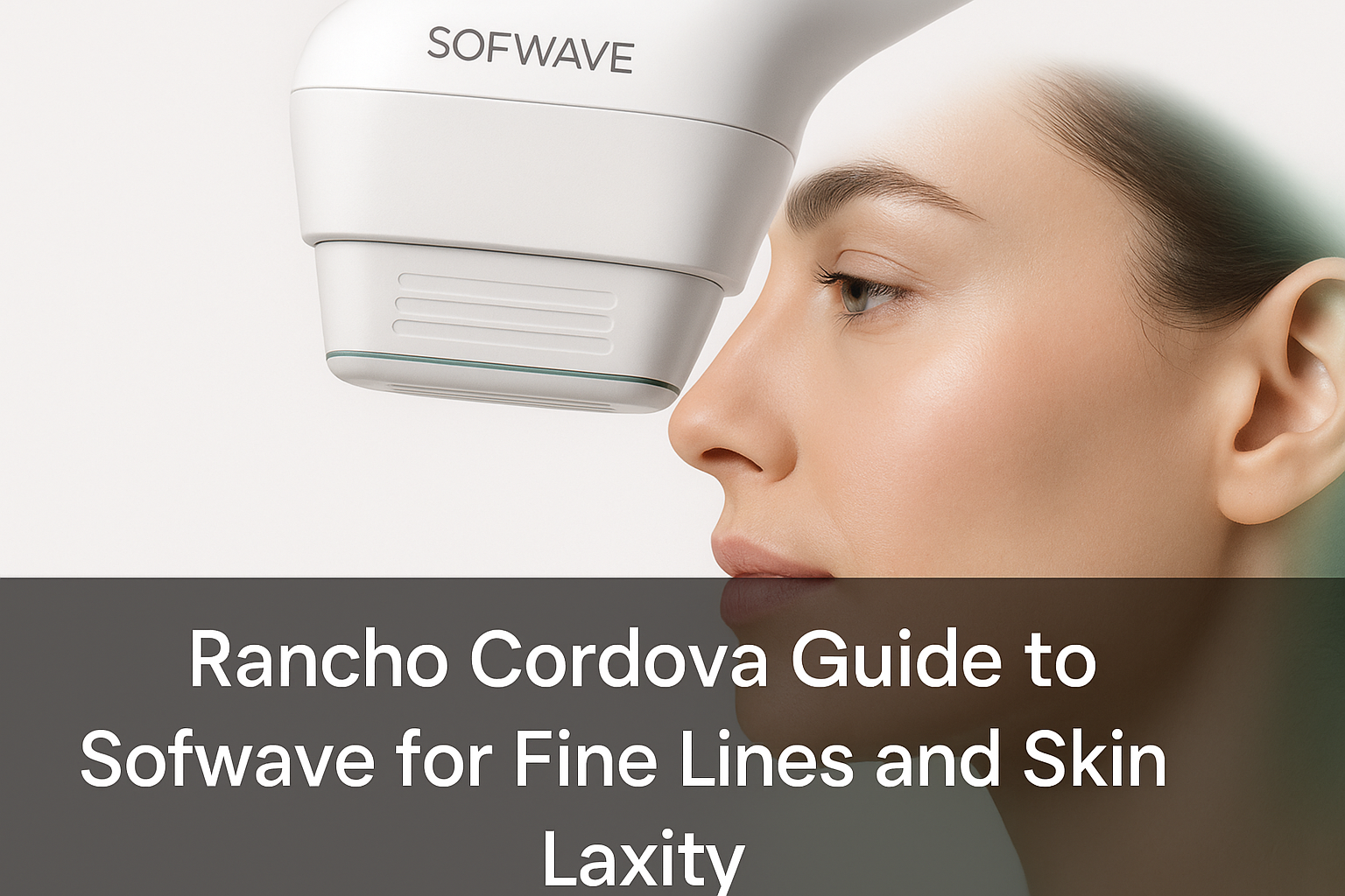 Professional thumbnail image showing a close-up of youthful, smooth facial skin with subtle green and gray highlights, with text overlay about Sofwave treatment for fine lines and skin laxity in Rancho Cordova
