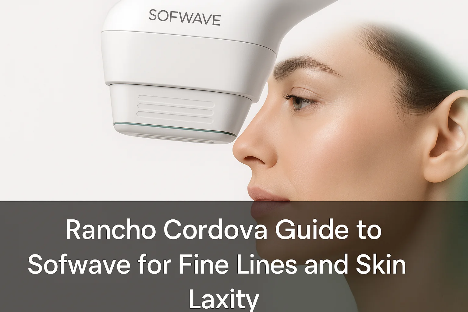 Professional thumbnail image showing a close-up of youthful, smooth facial skin with subtle green and gray highlights, with text overlay about Sofwave treatment for fine lines and skin laxity in Rancho Cordova