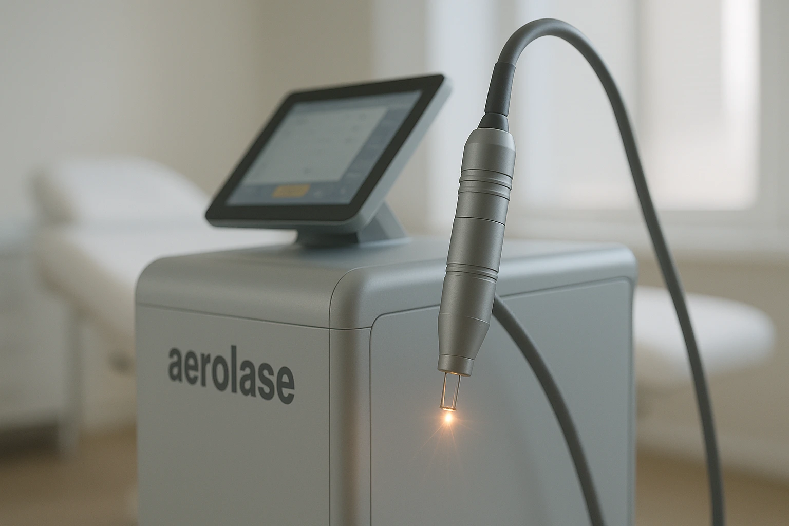 Aerolase laser machine in use at a dermatology clinic, focusing on the laser emitting handpiece in a professional and clean environment.