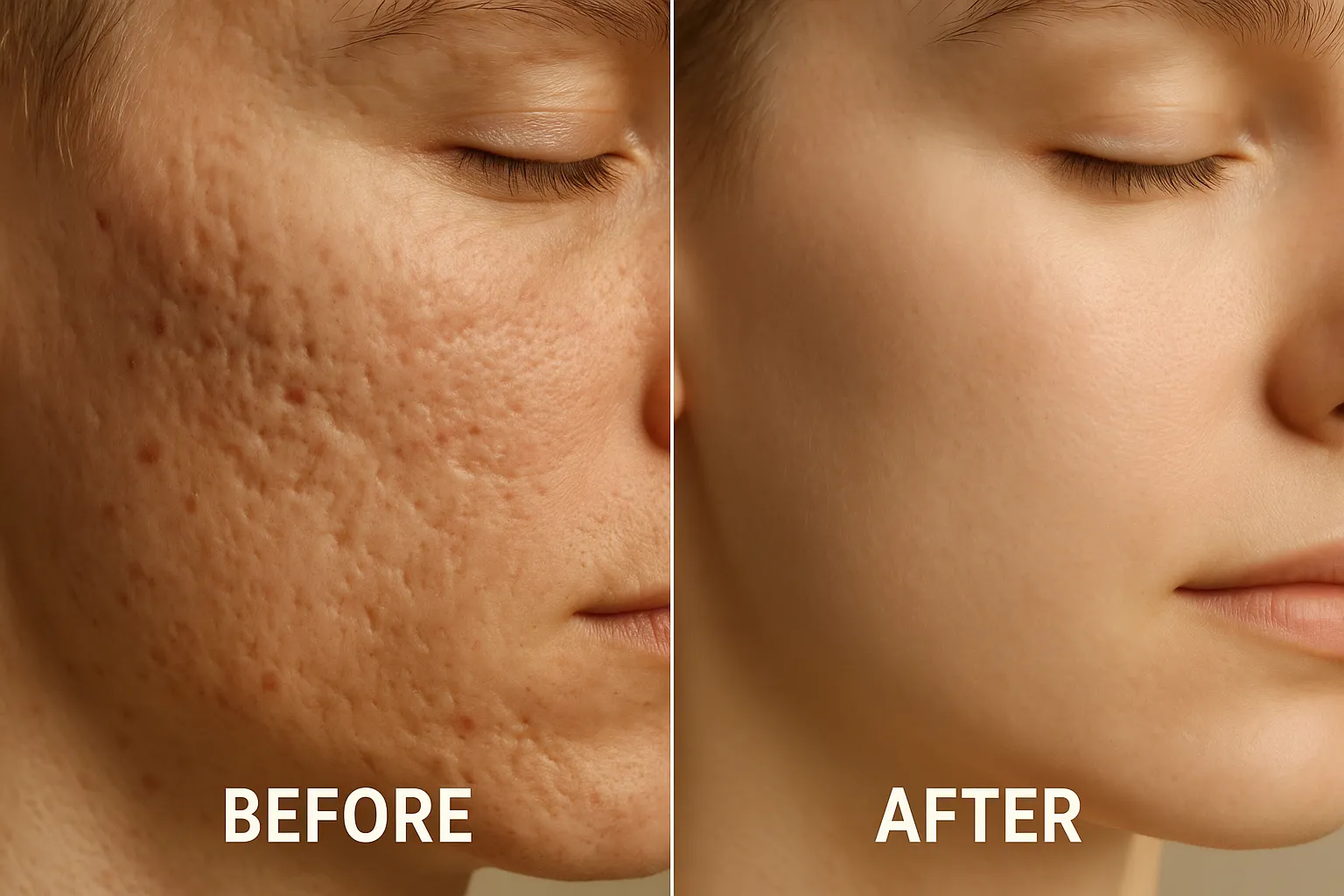 Before and after image showing facial skin acne scar treatment results, highlighting smoother and clearer skin after treatment.