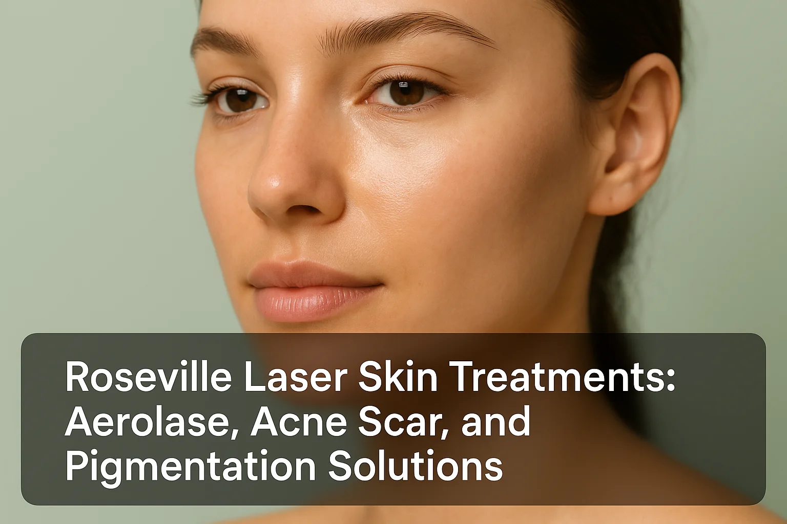 Professional blog thumbnail showing a close-up of glowing, rejuvenated facial skin with a bottom transparent overlay banner featuring the blog title about Roseville laser skin treatments including Aerolase, acne scar, and pigmentation solutions.