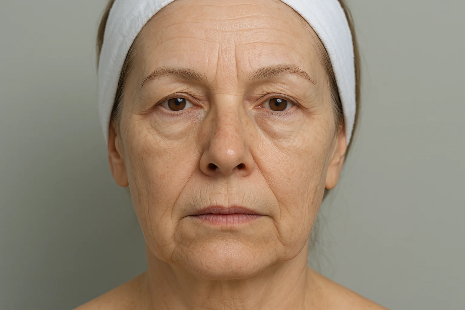 Close-up of mature woman’s face before Sofwave treatment showing uneven skin tone and fine lines, clinical photo style.