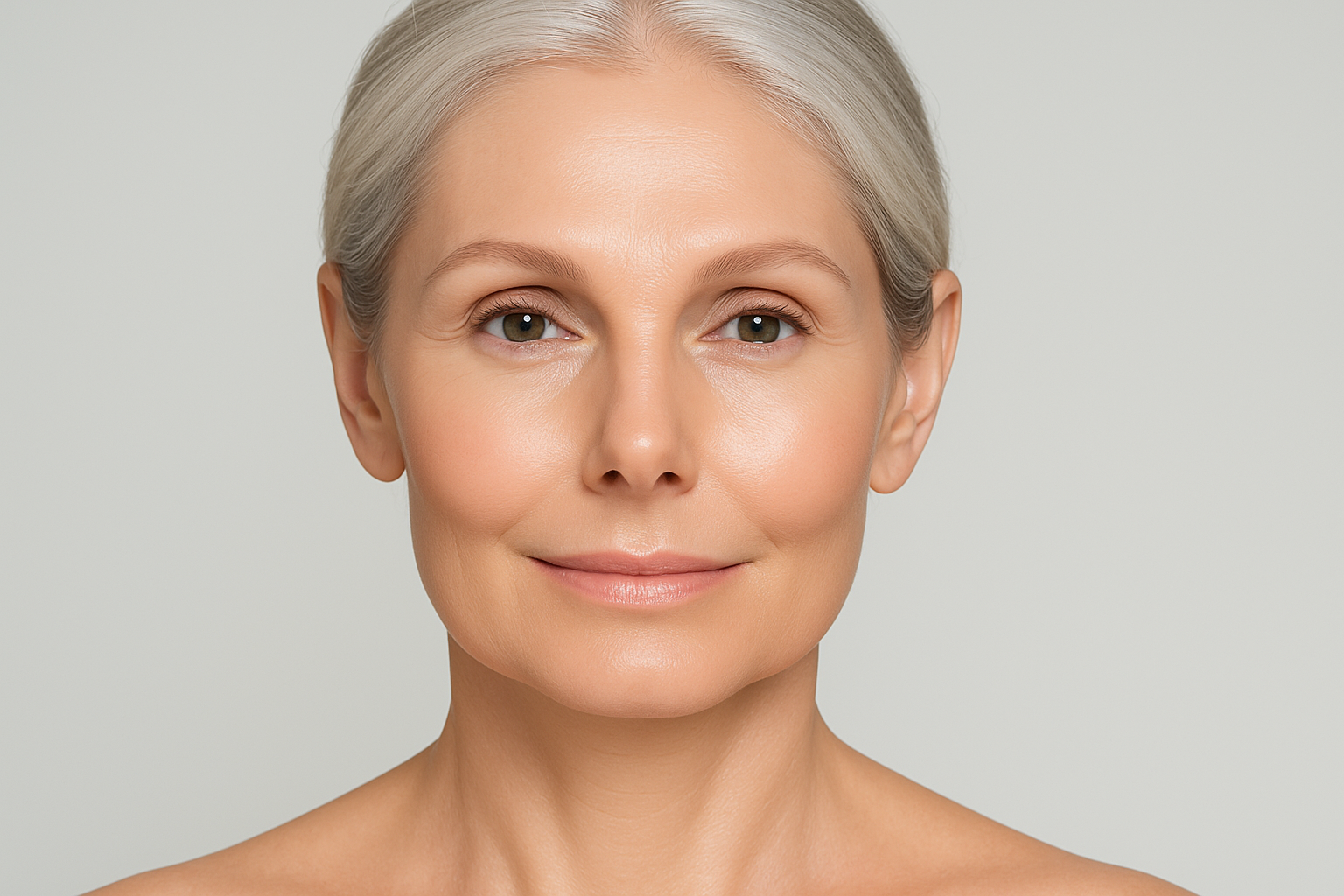 Close-up of mature woman’s face after Sofwave treatment showing improved skin texture and firmness, clinical photo style.