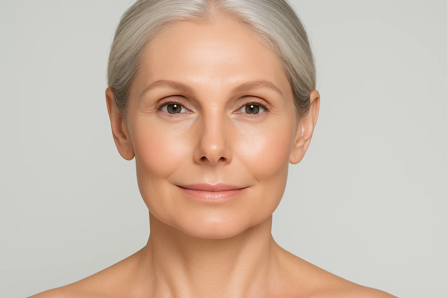 Close-up of mature woman’s face after Sofwave treatment showing improved skin texture and firmness, clinical photo style.