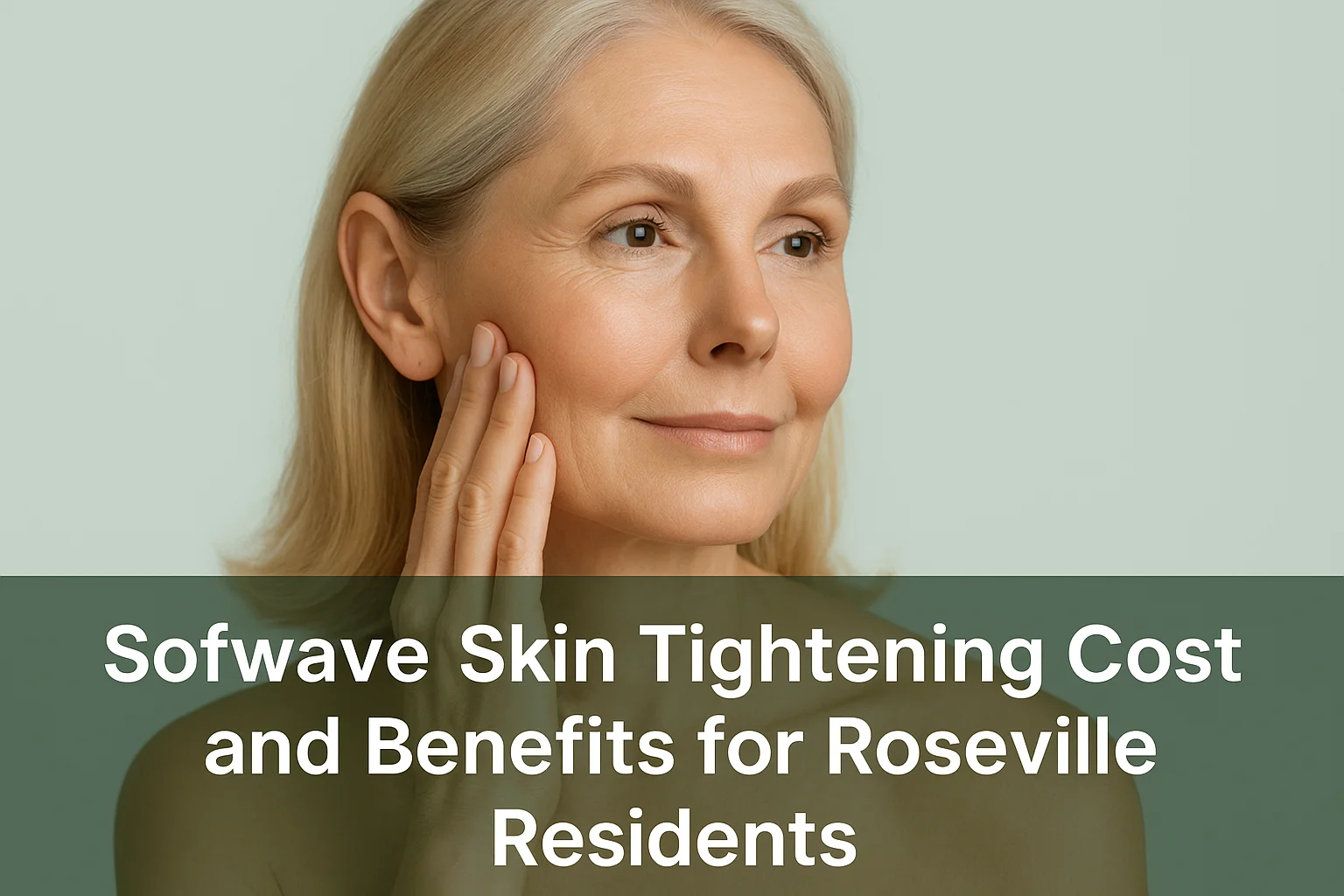 Realistic image of a mature woman showing improved skin firmness and glow representing Sofwave skin tightening benefits with clear white text overlay on bottom semi-transparent banner.