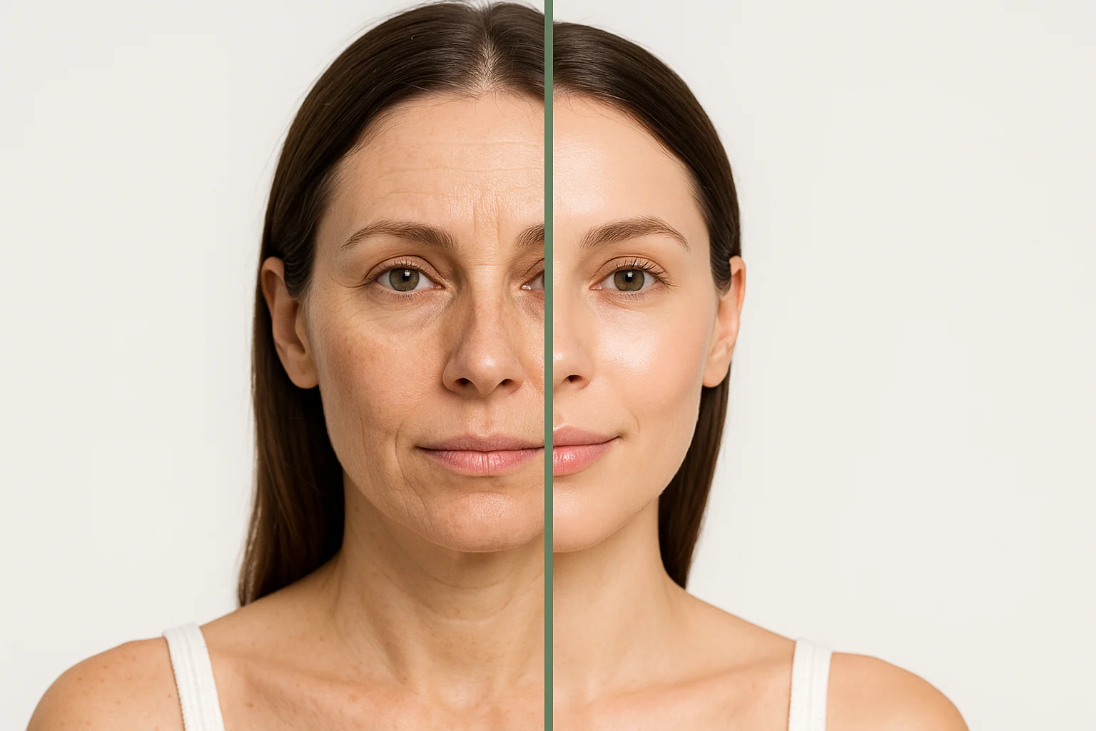 Before and after facial treatment comparison showing improved skin texture and glow after Botox and filler treatments in a clinical setting
