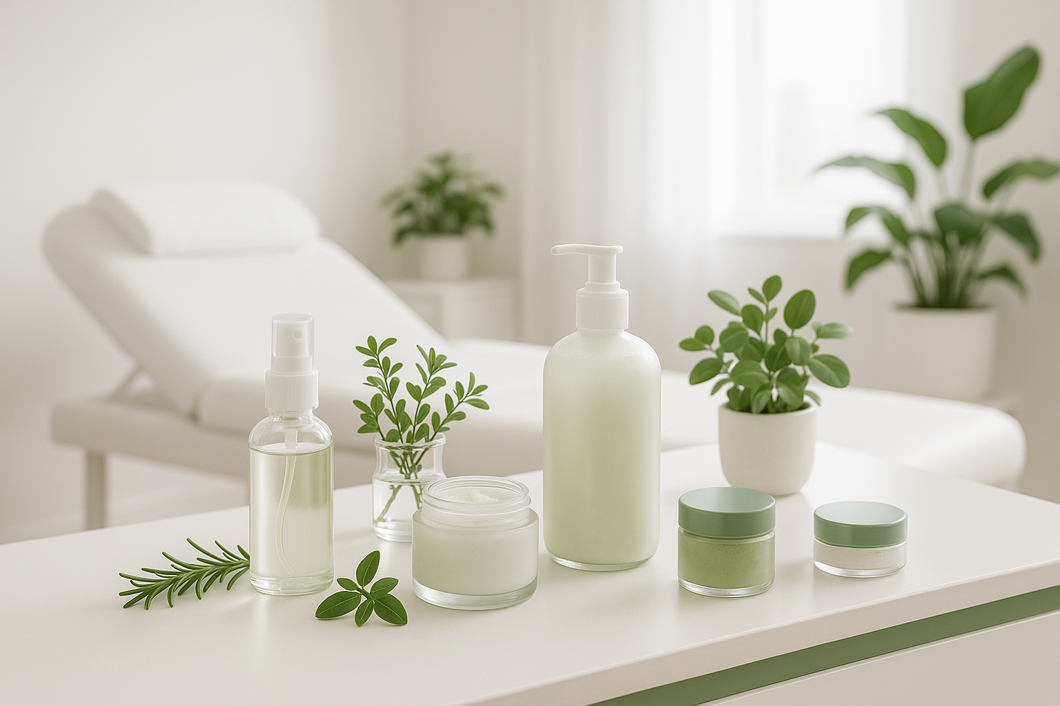 Medical spa setting showcasing clean plant-based skincare products symbolizing holistic approach to beauty and skin health