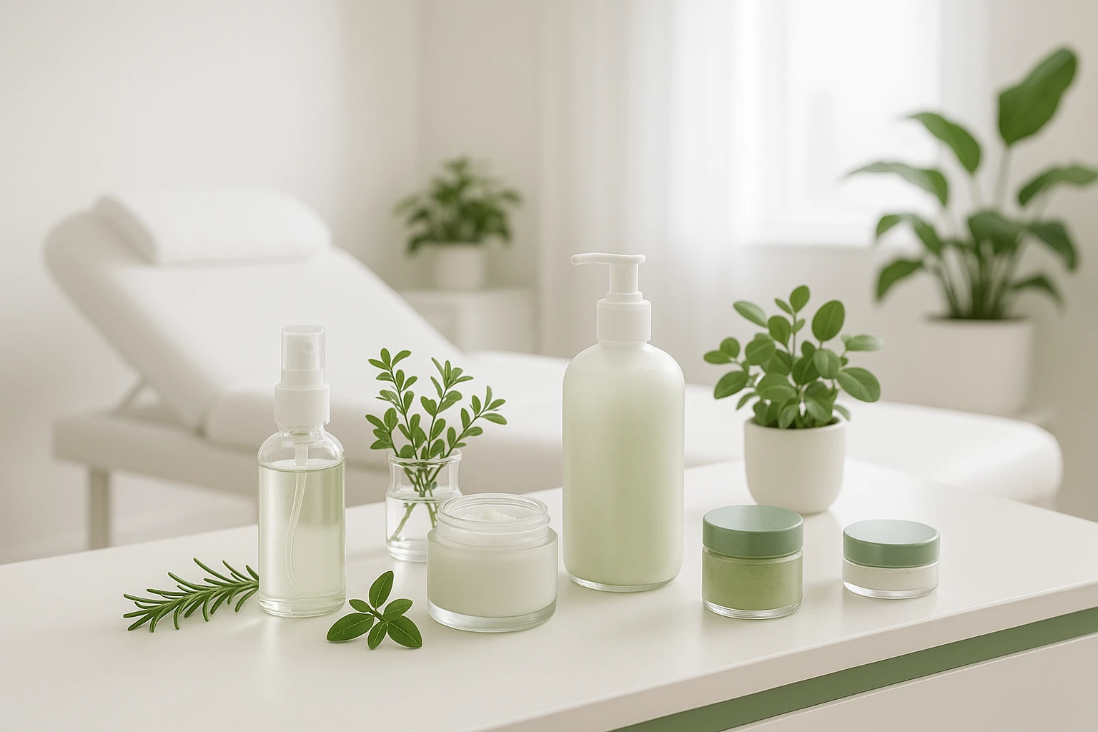 Medical spa setting showcasing clean plant-based skincare products symbolizing holistic approach to beauty and skin health